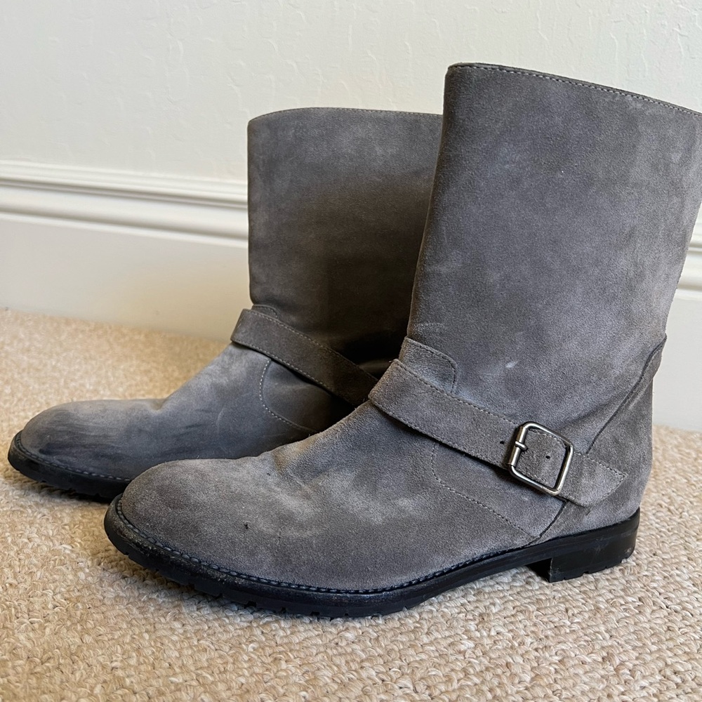 MANOLO BLAHNIK Taupe Beige Grey Suede Motto Flat Boots Shoes 39